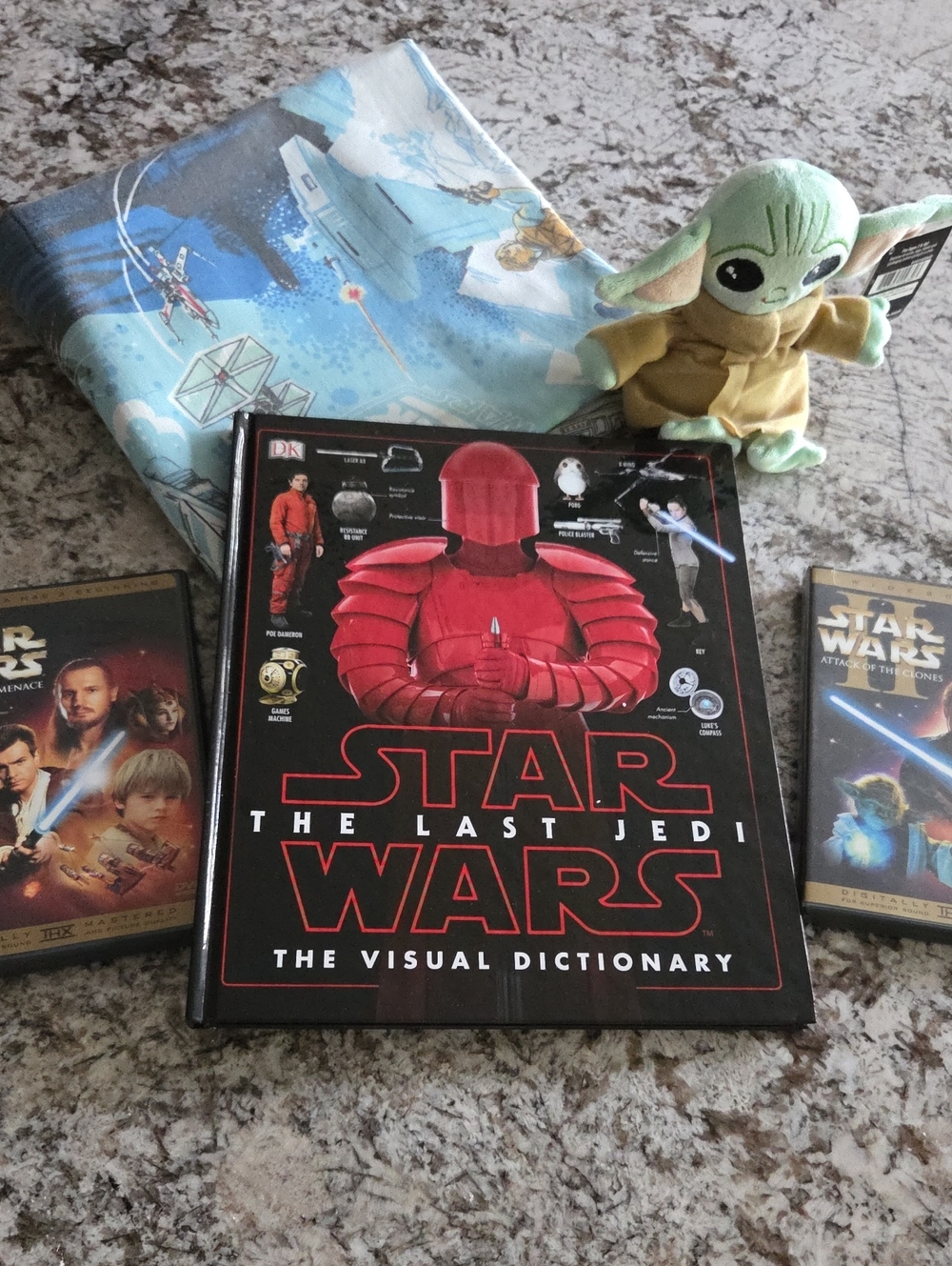 Star Wars collage of a sheet, a book to videos and a Grogu
